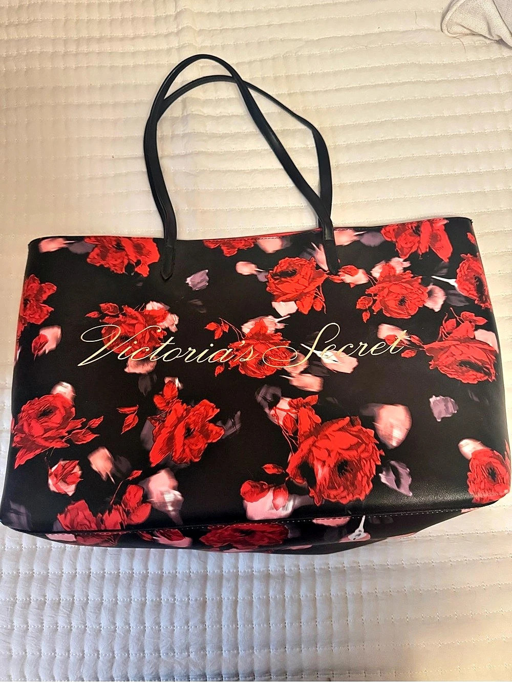 Victoria's Secret Black Red Rose Floral Tote Bag with Gold Script Logo